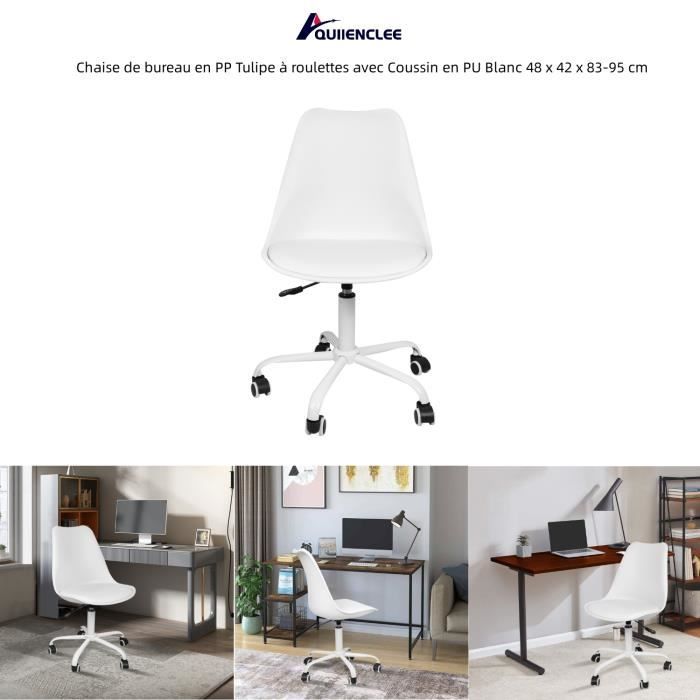 QUIIENCLEE Chaise de bureau en PP Tulipe à roulettes avec Coussin en PU Blanc 48 x 42 x 83-95 cm