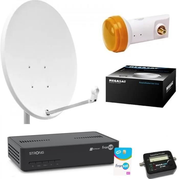 Kit Parabole 60 cm + Récepteur satellite Strong FRANSAT + LNB + 20m Cable Coaxial + Satfinder + Support mural