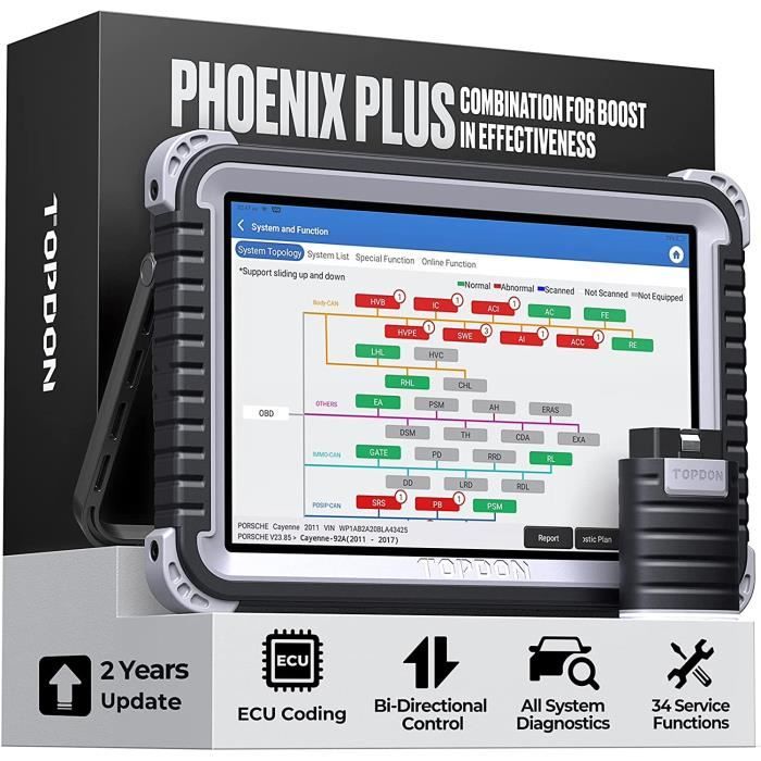 TOPDON Phoenix Plus Valise Diagnostique Auto OBD2 Bluetooth Bidirectionnel Outil de Diagnostic Auto avec Codage ECU en Français