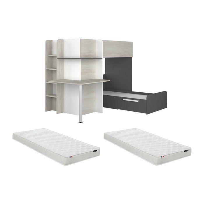 Lits superposés dangle 2 x 90 x 190 cm - Avec bureau - Gris blanc et noir + Matelas - SAMUEL