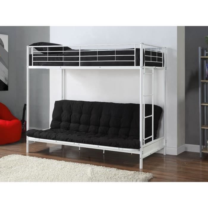 lit mezzanine 90x190 cm - banquette convertible - métal - blanc + futon noir - modulo v