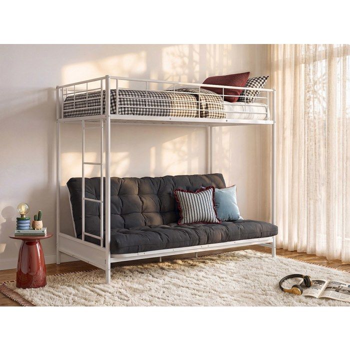 Lit mezzanine 90 x 190 cm - Avec banquette convertible - Métal - Blanc + Futon noir - MODULO V