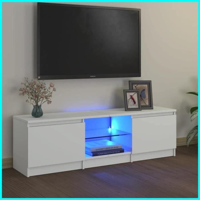Meuble TV LED - VGEBY - 120x30x355 cm - Blanc - Design Contemporain - Eclairage RVB