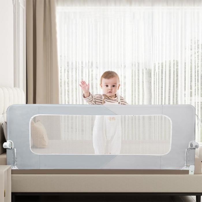Barrière De Lit Bébé 180 Cm Gris Lin - Protection Antichute Réglable Avec Zip