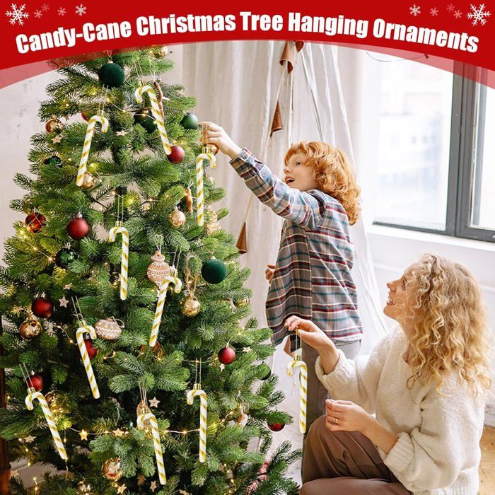 12 Cannes De Bonbon Décoratives Pour Sapin De Noël - Rouge/Or Et Blanc - Avec Paillettes - Non Comestibles