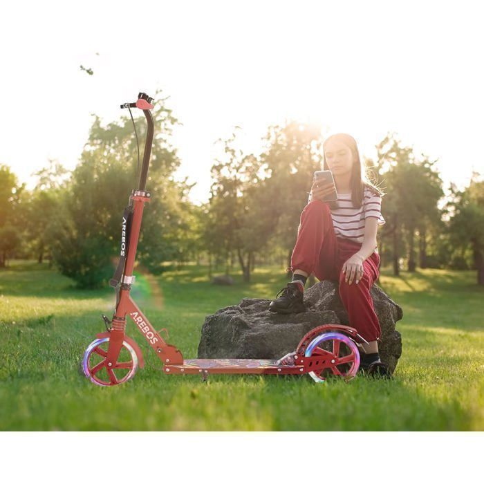 Arebos Trottinette De Ville Rouge – Pliable, Hauteur Réglable, Roues XXL 200mm, Frein à Pédale, Charge 100kg – Enfants Et Adultes