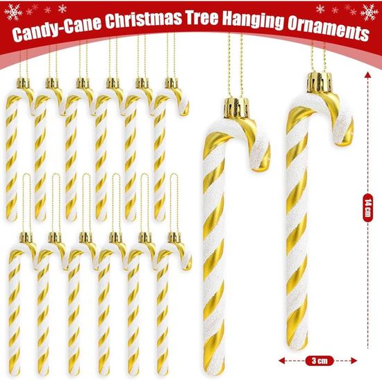 12 Canes En Bonbon Déco Noël - Rouge & Or Avec Paillettes - Pour Sapin, Couronnes & Décorations Festives - Non Comestible