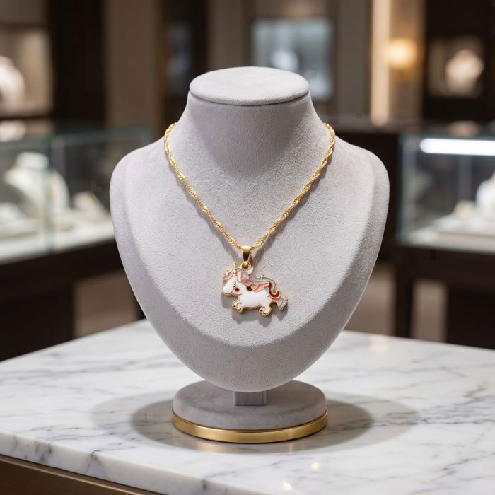 Collier Enfant Licorne Coeur - Plaqué Or 750/1000, 45cm, Zircon, Neuf Avec étiquettes