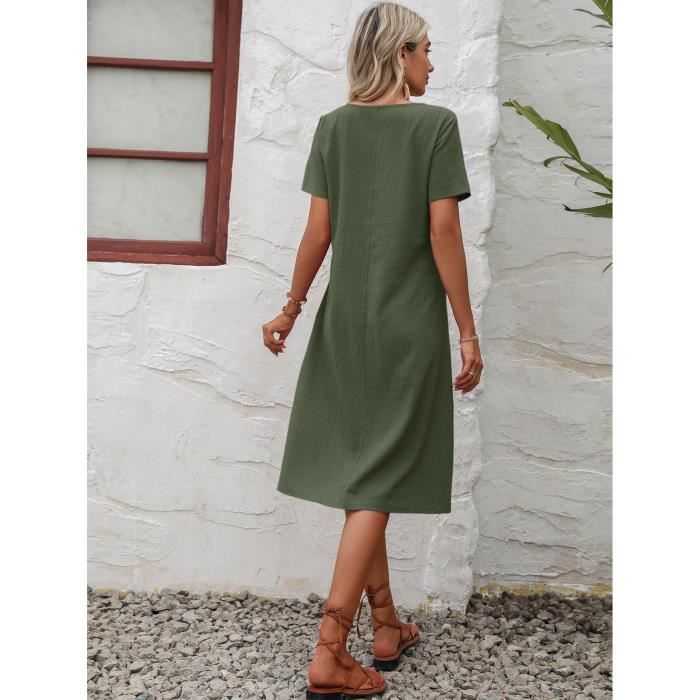 Robe Longue Femme Ete en Coton Lin Col Round Robe a Manches Courtes avec Deux Poches Laterales Casual Maxi Robes de Couleur Unie Vert Cdiscount Pret a Porter