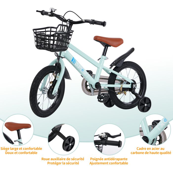 Vélo Unisexe Pour Enfant De 14 Pouces Avec Roue Auxiliaire, Frein à Rétropédalage, Roues Stabilisatrices, Cadeau