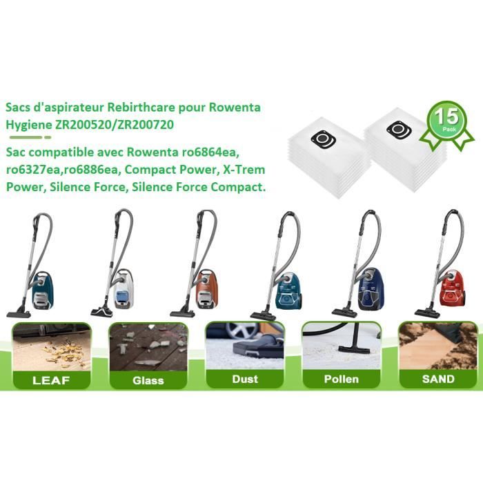 Lot de 15 sacs d'aspirateur pour Rowenta Hygiene+ ZR200520 ZR200720 et  Rowenta X-Trem Power & Silence Force (RO64xx RO63xx RO68xx) - Cdiscount  Electroménager