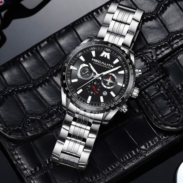 MEGALITH Montre pour homme étanche en acier inoxydable avec chronographe analogique à quartz, montre de mode et d'affaires pour homme, 1-Bleu, Hommes Standard, tendance