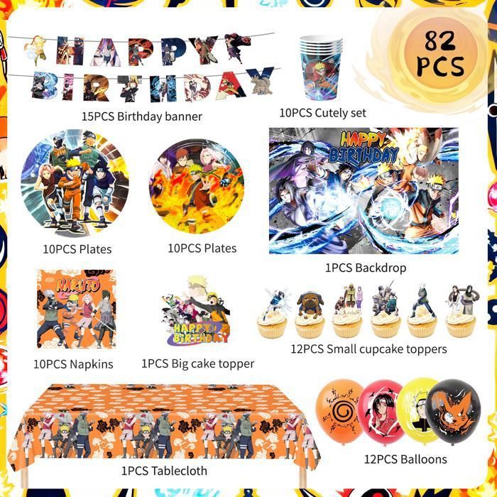 Kit Anniversaire Naru - 40 Pièces : Bannière, Ballons, Assiettes, Gobelets, Nappe, Cake Topper - Déco Fête Enfant
