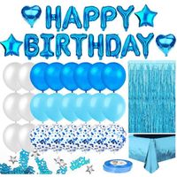 Anniversaire Ballon Bleu Kit Guirlande Happy Birthday, Nappe Bleue, Ballons étoile et Coeur, Confettis, Rideau à Franges