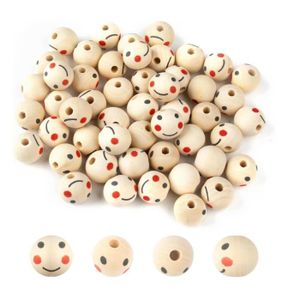 OBJET DÉCORATIF Lot de 50 perles rondes en bois avec tête de poupé
