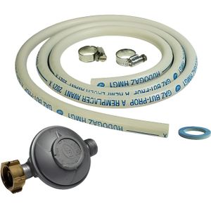 TUYAU - TUBE - FLEXIBLE  Kit connexion gaz complet pour réchauds gaz (tuyau souple 1.50m + embout tétine + détendeur BUTANE 28 mbars)