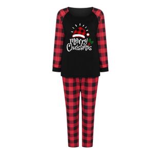 TUNIQUE Tenue parent-enfant costume de Noël patchwork imprimé à carreaux service à domicile col rond pyjama à manches longues Noir