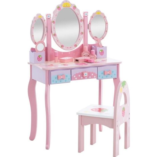 Coiffeuse pour enfant - Mobilier Tendances - Avec miroir triple pli et tiroirs de rangement - Rose