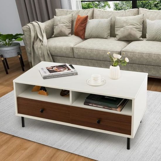Table Basse Carrée Avec 4 Tiroirs | Design Moderne Et Rangement | Blanc | 78x78x34.8 Cm