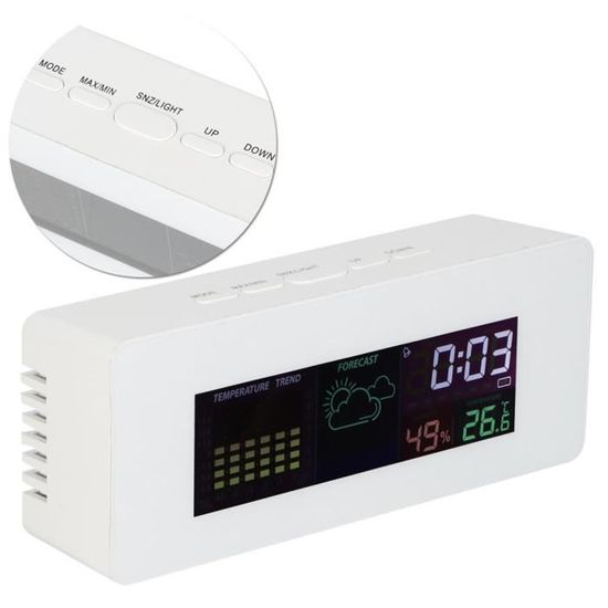 HURRISE Réveil Horloge Hygromètre à Thermomètre Intérieure Multifonction avec Calendrier Fonction d'Alarme Format 12/24H