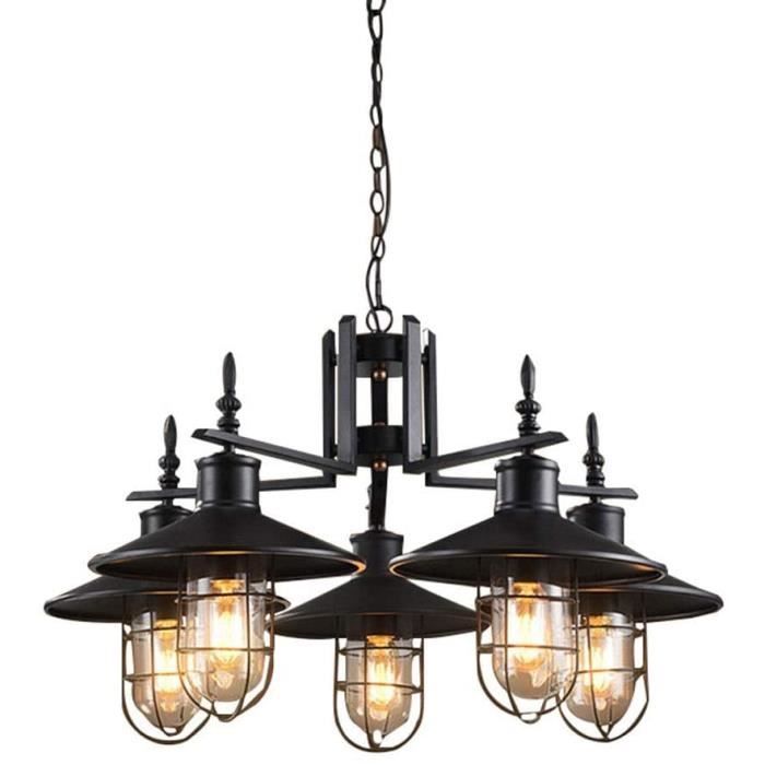 Grand Lustre Vintage Bois Et Fer Forgé – 5 Globes Verre – 6 Appliques Assorties Dispo