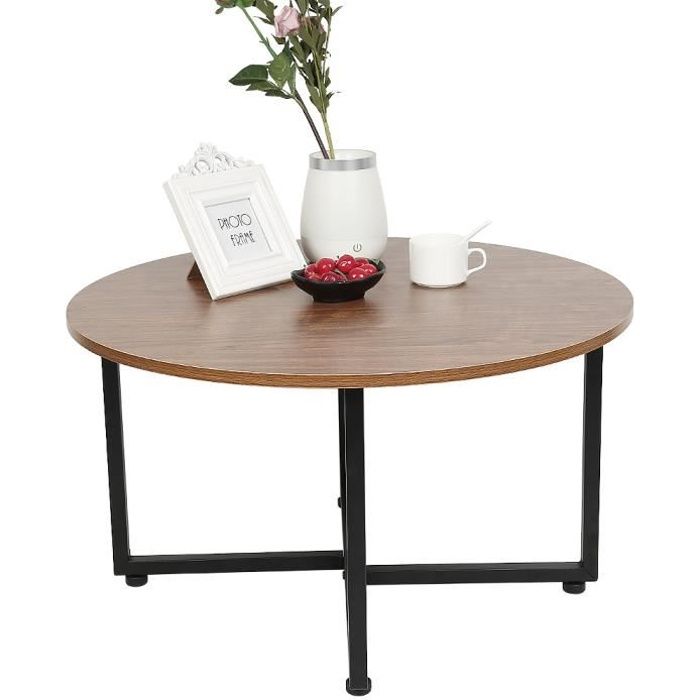 Table Basse Ronde Bois et métal Noir - 70 x 70 x 40 cm - Table d'appoint Industrielle pour Salon