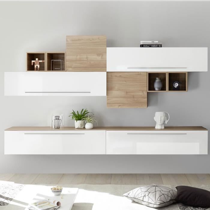 Meuble TV mural blanc et couleur bois clair LUCRECIA Blanc L 276 x P 35 x H 200 cm