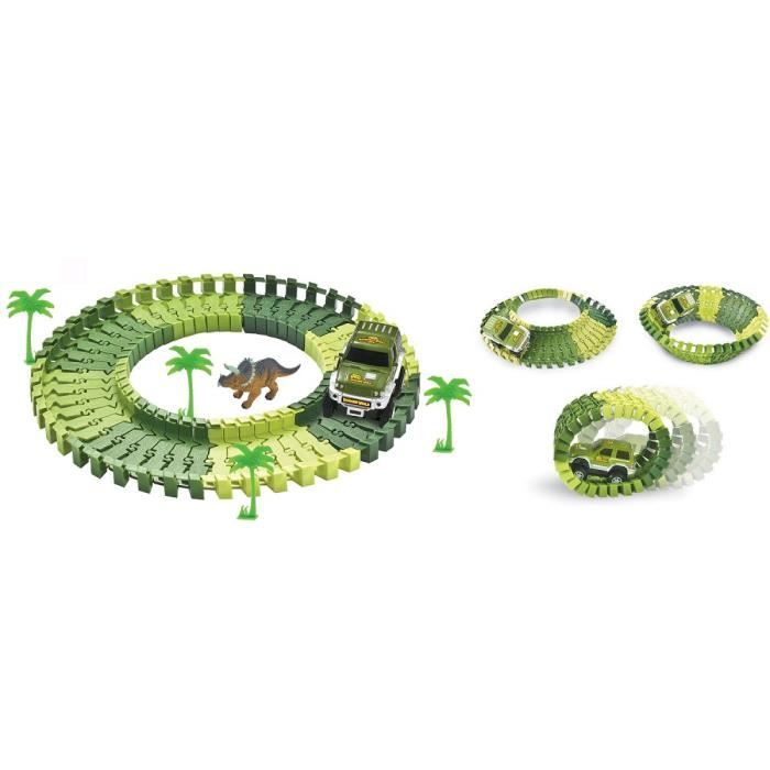 PIFUN Circuit flexible Dinosaures 48 rails + 1 voiture + 4 palmiers + 1 dinosaure + stickers