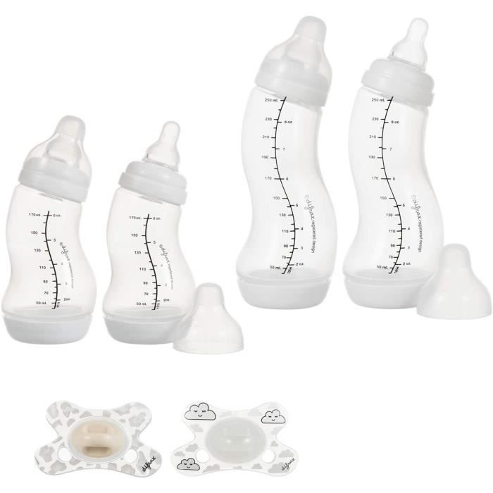 Difrax Lot de Biberon et Sucettes Nouveau-né, 2x Biberon S Natural 170ml Blanc, 2x Biberon S Natural 250ml Blanc, 2x Sucette Natural