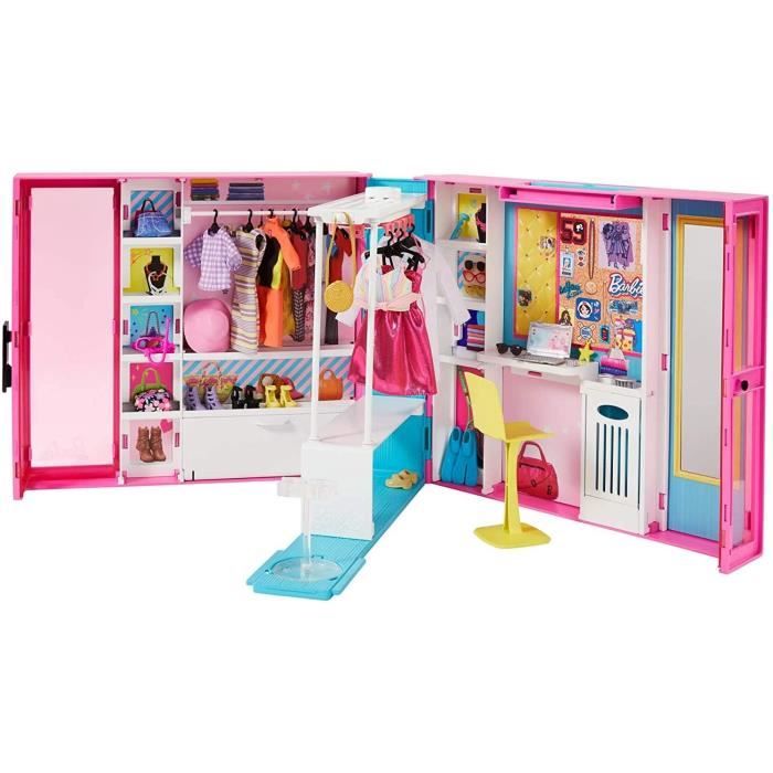 Barbie Fashionistas Le Dressing Deluxe pour poupée, transportable, avec 4 tenues et plus de 25 accessoires, emballage fermé, jouet p