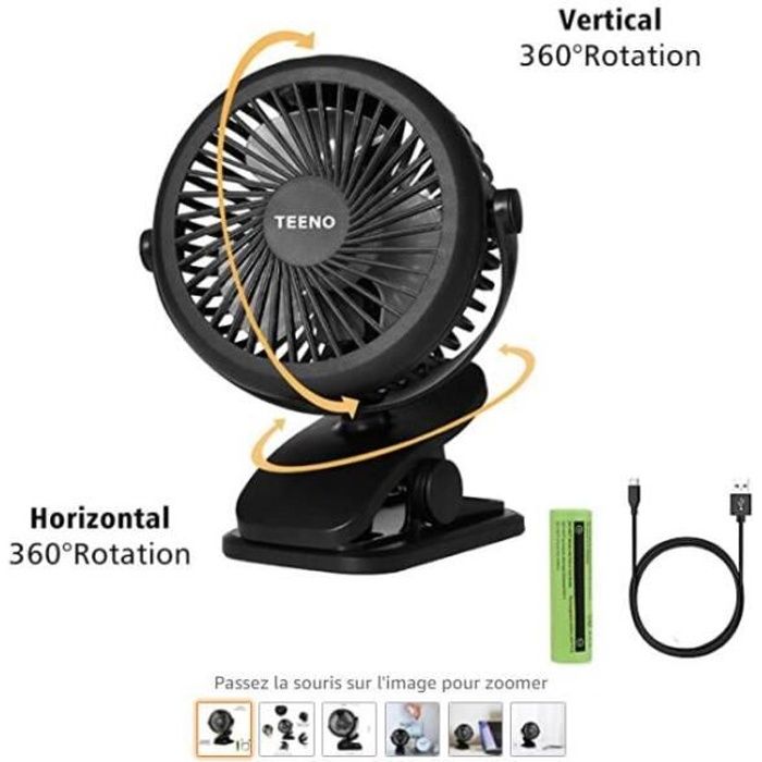 Ventilateur USB Rotation à 360° de Bureau avec Batterie Petit Ventilateur à Clipper Puissant et silencieux,pour Maison Bureau Voitur