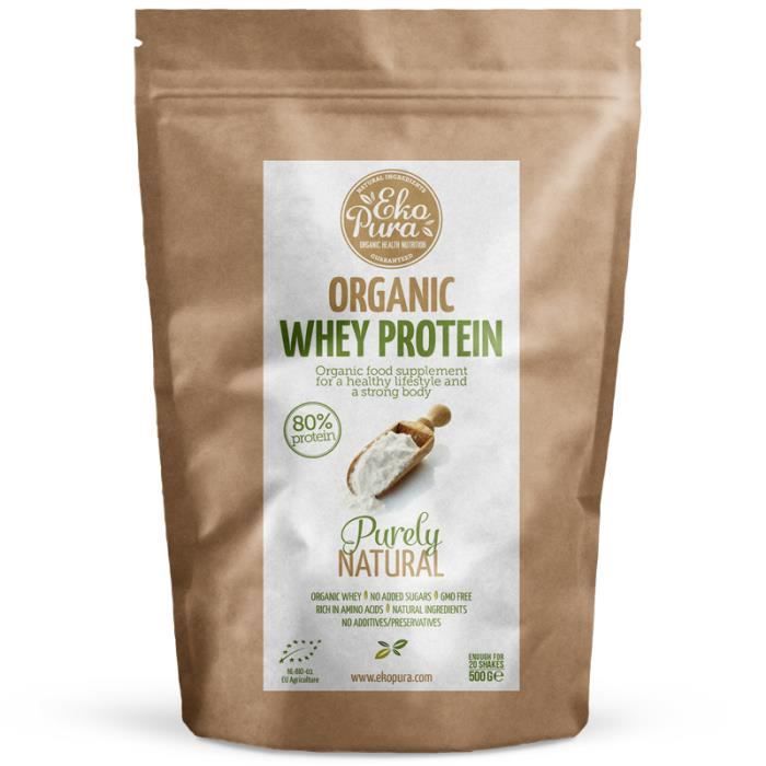 Organic Whey Protein - Naturel - 80% de Protéines - Protéine de Lactosérum Bio Certifié - Sans Additifs - 500 g