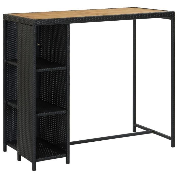 Table de bar avec rangement Noir 120x60x110 cm Résine tressée, bois d'acacia massif avec finition à l'huile