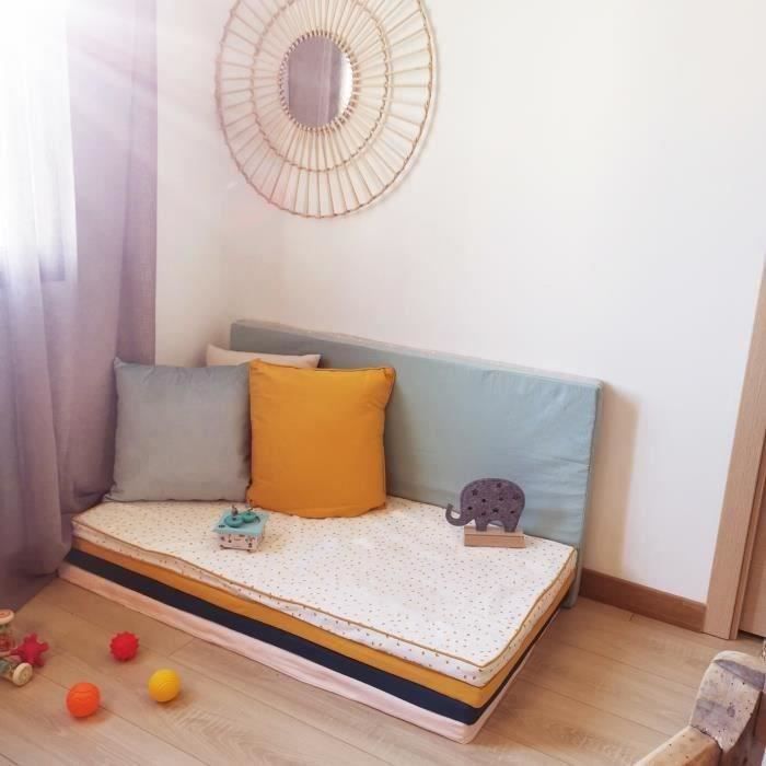 COTTON WOOD Futon Mousse déhoussable imprimé envol - 60 x 120 x 4 cm - Blanc et moutarde