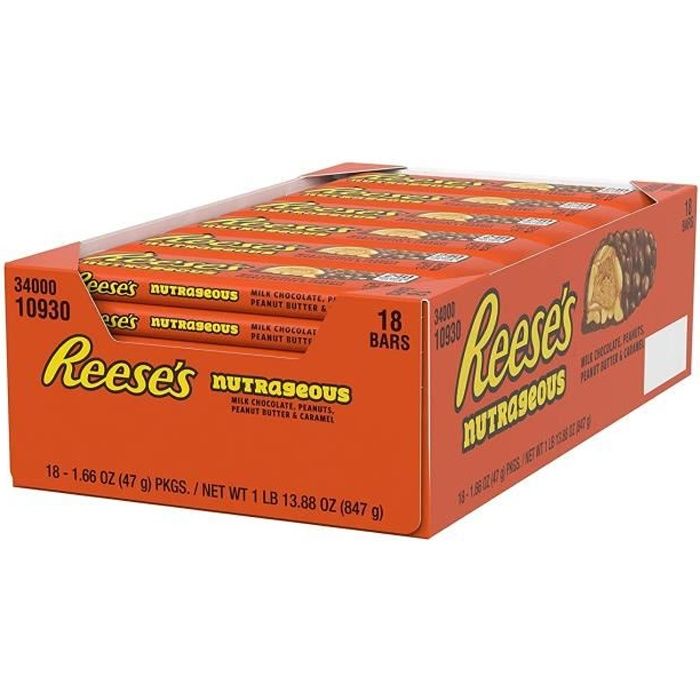 HERSHEY'S REESE'S Barre chocolatée Reese's garnis de cacahuètes grillés et de caramel - 47g x 18