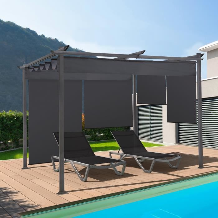 ID MARKET - Pergola édition spéciale gris 3x4 m toit rétractable et 4 stores enrouleurs