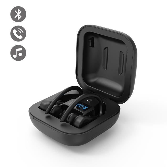 Ecouteurs sport étanche Bluetooth Noir avec affichage LED