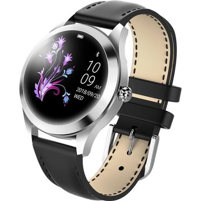 PIMPIMSKY Montre Connectée Homme Femme IP68 Étanche de Fréquence Cardiaque Sommeil Rappel - Cuir Argenté Noir