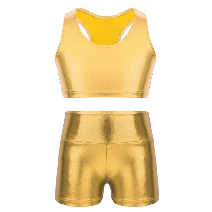 Tenue Danse Classique Fille Enfant Brillant Métallique Short de Danse Débardeur de Sport Sans Manches Crop Top 5-12 Ans