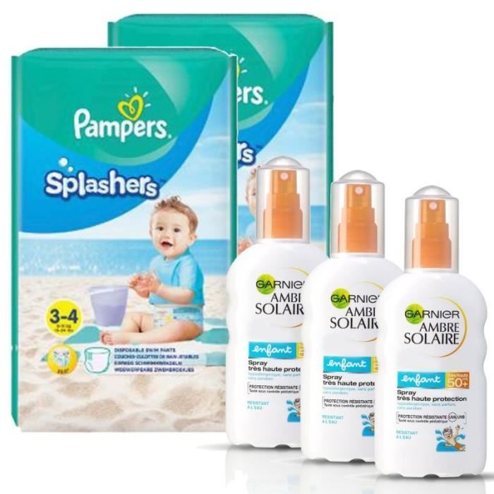 Pack bébé nageur 24 Couches de Bain Pampers Splashers + 3 Ambres Solaire Garnier Spray Hydratant Très Haute Protection
