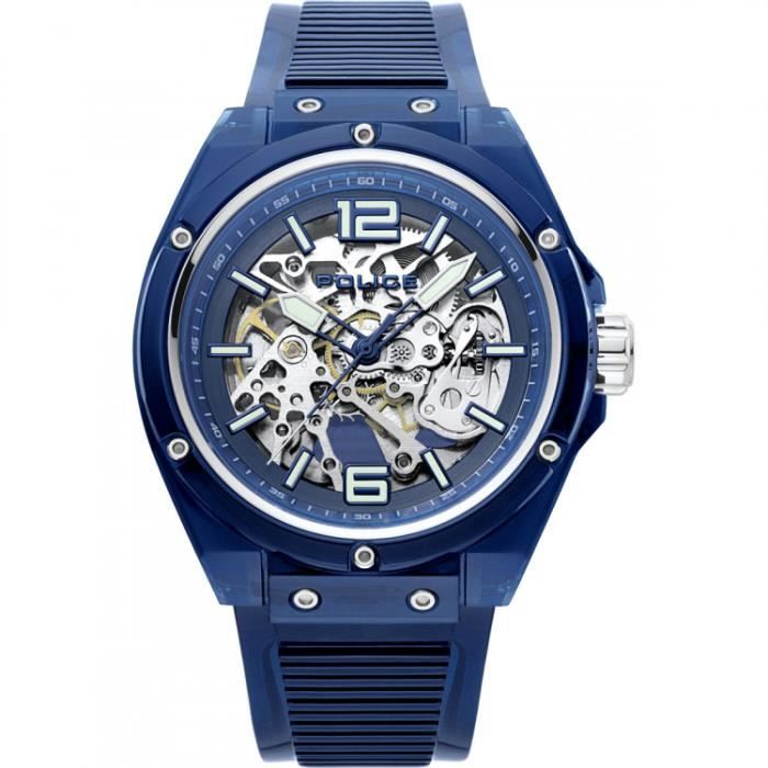 Police - Montre homme - PL.15924JPBL-48P - Automatique - Silicone bleu - Cadran squelette