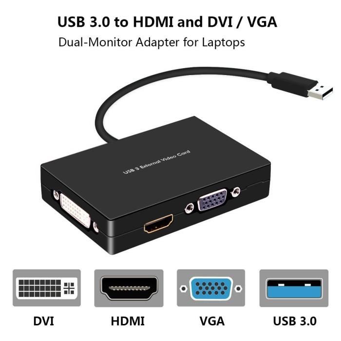 Adaptateur de carte graphique vidéo USB 3.0 vers HDMI ou DVI pour plusieurs moniteurs avec audio jusqu'à 2560x1440