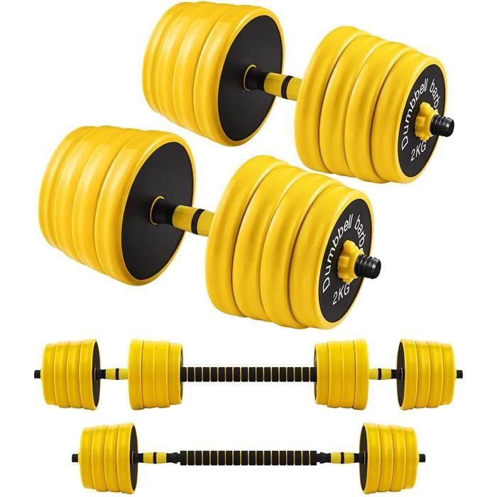 SONGMICS Haltères 2 x 20 kg, Kit de Musculation, Set de Poids Entraînement Fitness, Avec Barre d’Extension, Jaune SYL340Y01