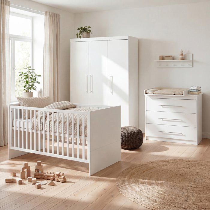 ROBA Chambre B&eacute;b&eacute; Compl&egrave;te  - Maren - Lit &Eacute;volutif 70x140 + Commode &agrave; Langer Compacte + Armoire - Blanc 