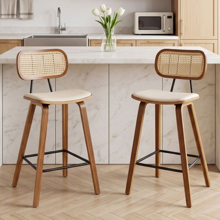 Wahson Tabouret de Bar Lot de 2 Chaise de Bar en Bois Tabouret Haut avec Dossier Rotin pour Bar à Domicile et Central Îlot Beige