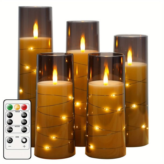 Décorations de Noël - Lampe de Noël à 11 touches en fil de cuivre avec télécommande lampe à bougie électronique 5 pièces gris