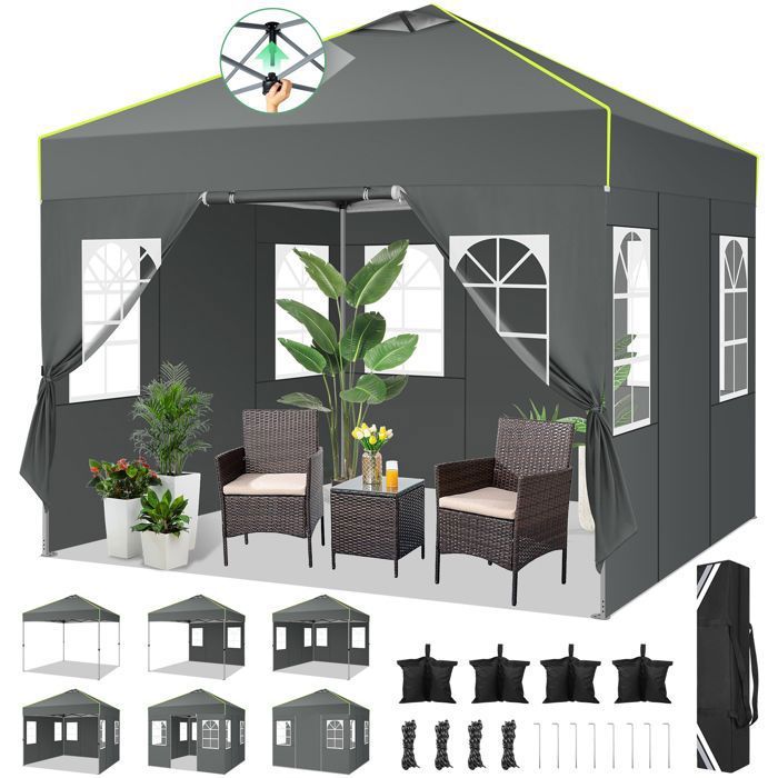 Tonnelle de Jardin Exterieur ImperméAble Tente De Reception Avec 4 Panneaux LatéRauxUv 50+ -Gris