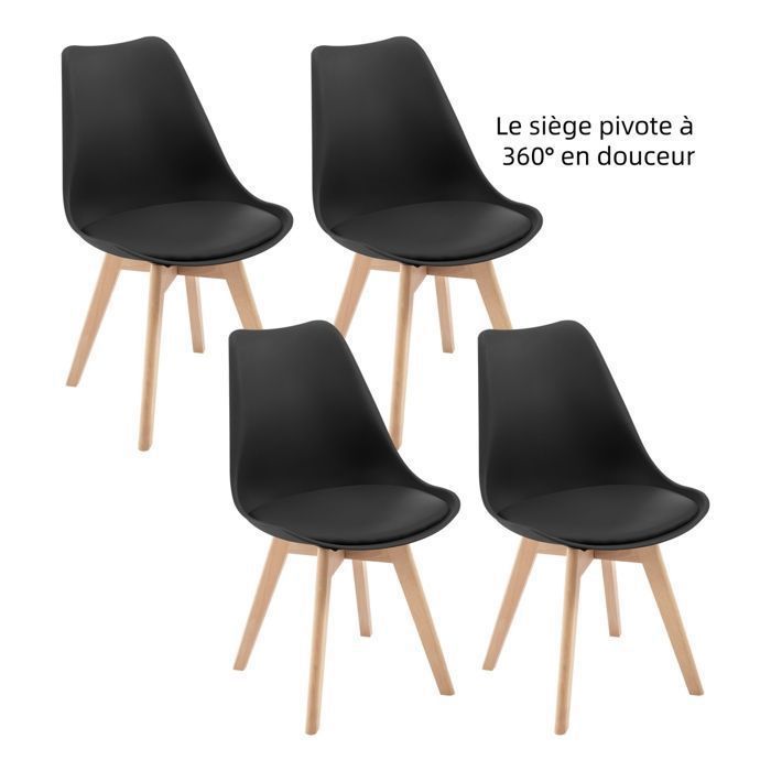 WOLTU Chaise Pivotante Lot de 4 - Chaise Salle à Manger Scandinave - Siège Rembourré en PU - Pieds en Bois Massif - Noir