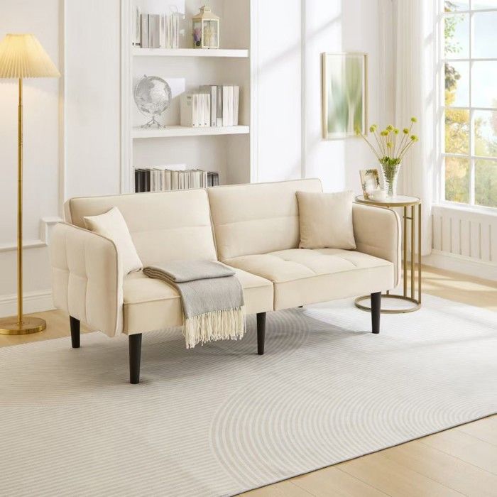 Canapé Convertible Canapé-lit 2 en 1 velours 2 places - Accoudoirs rabattables fonction couchage idéal petits espaces -Beige