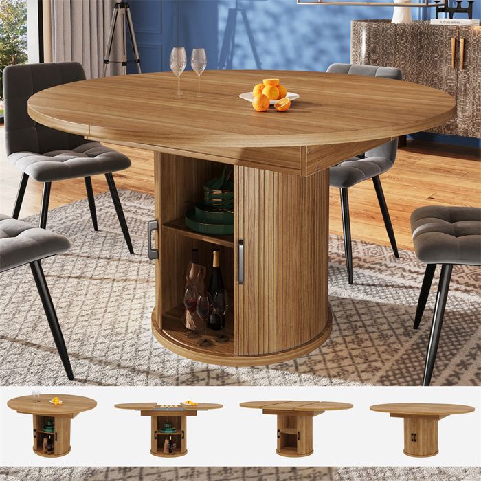 Table Ronde Extensible Couleur Noyer Table a Manger Ronde Extensible Table Ovale Salle à Manger avec Rangement Plateau Modulable